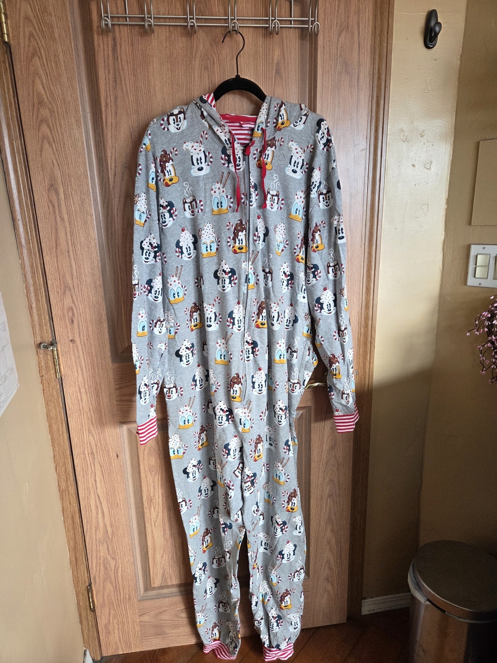 Adult Disney Grey Hooded Character Pajama Jumpsuit with Red Trim